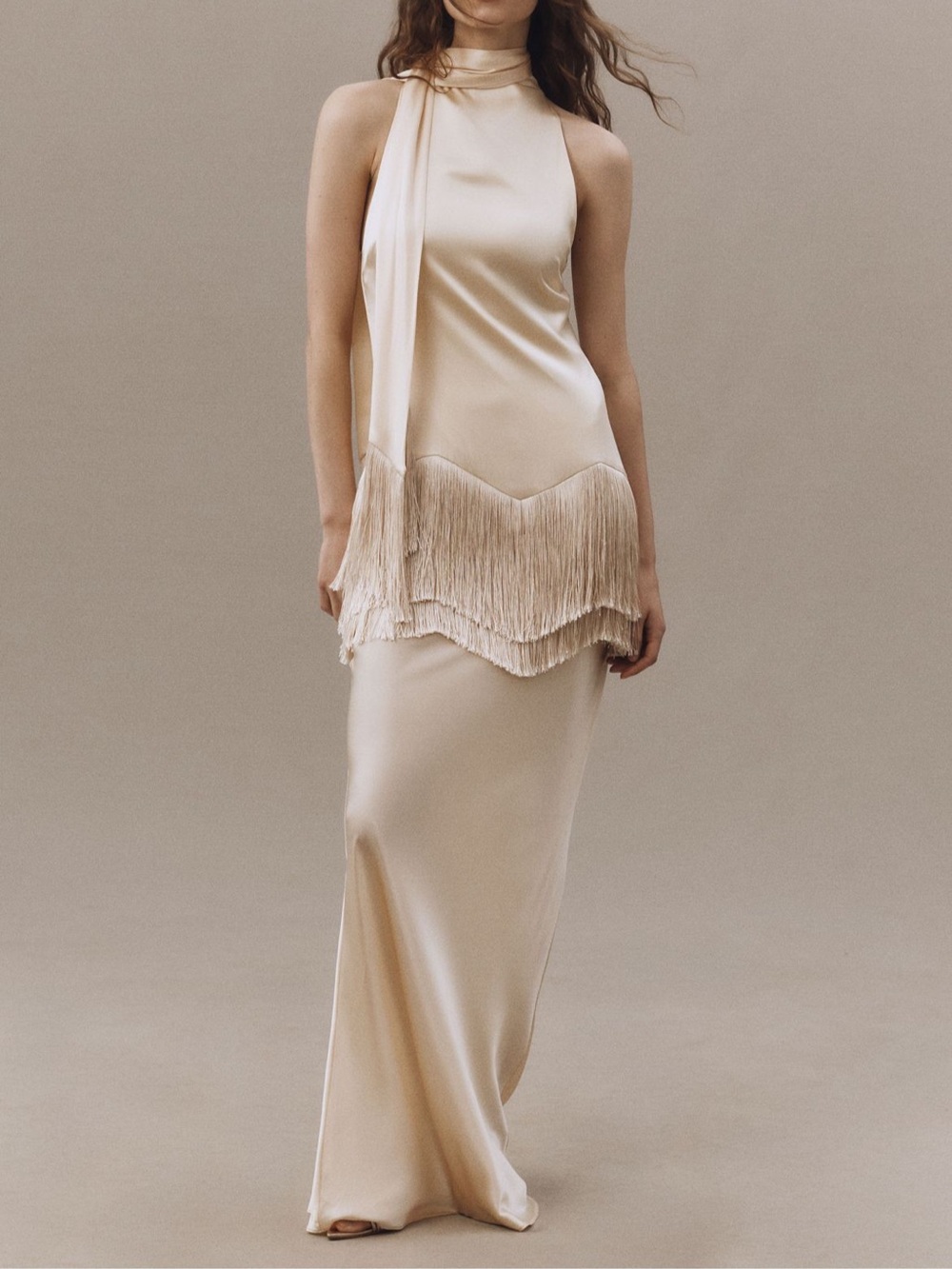 De La Vali Satin Khamsin Silk Satin Fringe Dress - Picture 2 of 4
